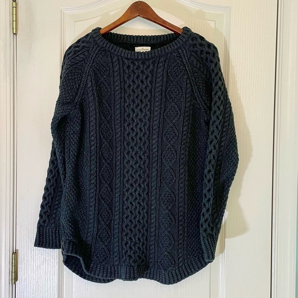 LL Bean Signature Navy Blue Cable Knit Sweater Large